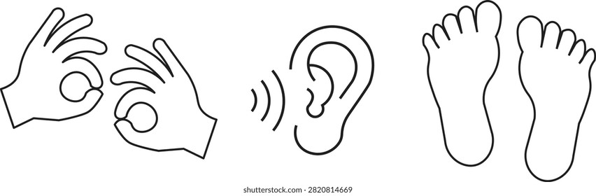 Human Body Organs and Perception Icons with Hands, Ear Listening Symbol, and Human Footprints Line Vector Illustration.
