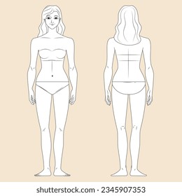 human body outline background. Vector outline illustration of female body. hand drawn human body sketch. Female human body. woman line art. woman sketch. female sketch.