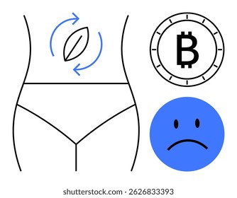 Human body outline with recycling symbol over stomach, Bitcoin symbol, and sad face. Ideal for health, diet, cryptocurrency, mental wellness, financial stress, digital economy, sustainable living