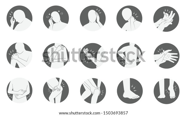 Menschliches Korper Schmerz Symbol Set Flach Schwarz Weiss Im Rahmen Design Stock Vektorgrafik Lizenzfrei