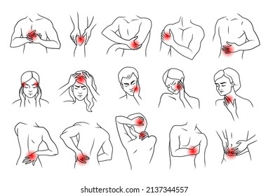 Human body pain. Neck muscle head and joints painful symptoms. People line figures with ache localization. Discomfort in knees and elbows Headache and backache. Vector injuries set