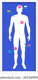 Human body with pain points highlighted on blue background. Acupuncture or physiotherapy medical concept vector illustration.