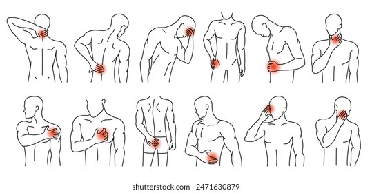 Manchas de dolor corporal humano. Figuras masculinas con áreas resaltadas de dolor o malestar, conjunto de Ilustración vectorial de arte lineal