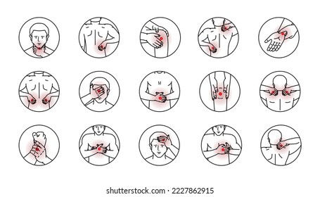 Human body pains in circle set. Arthritis and rheumatism, joint pain illustration. Ache in head, neck, shoulder, knee, chest, wrist, back, elbow.