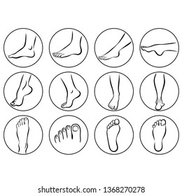 Human body parts. Foot care Icons Set. Vector illustrations line art pack of human feet in various gestures.