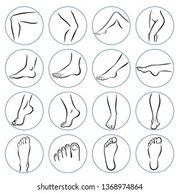 Human body parts. Foot care Icons Set. Vector illustrations line art pack of human feet in various gestures.