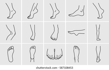 Части человеческого тела. Набор иконок для ухода за ногами. Векторные иллюстрации линейного искусства человеческих ног в различных жестах.