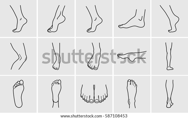 人の体の部分 フットケアアイコンセット 人間の足のアートパックを さまざまなジェスチャーで描いたベクターイラスト のベクター画像素材 ロイヤリティフリー