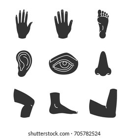 Human body parts glyph icons set. Silhouette symbols. Male and female hands, nose, eye, feet, ear, elbow joint, knee. Vector isolated illustration