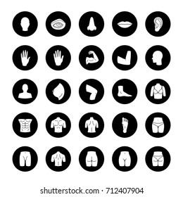 Human body parts glyph icons set. Anatomy. Health care. Vector white silhouettes illustrations in black circles