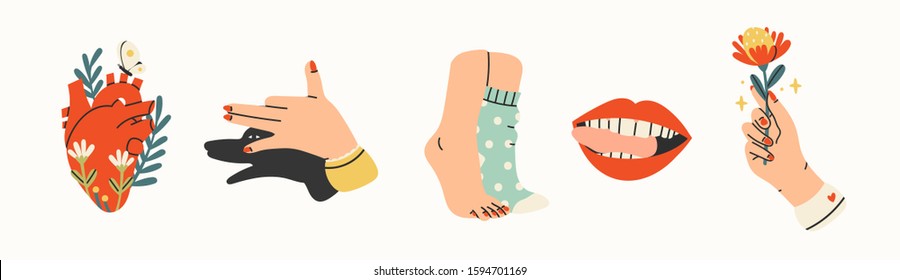 Human body parts. Hand with flower, Shadow puppet barking dog, red lips mouth, legs in wool socks, heart with flowers. Hand drawn colored trendy vector illustration. All elements are isolated