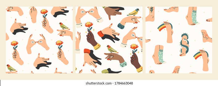 Human body parts. Hand with flower, Shadow puppet barking dog, legs in wool socks, snake. Set of three Hand drawn colored trendy vector seamless patterns. Wallpapers, Background texture