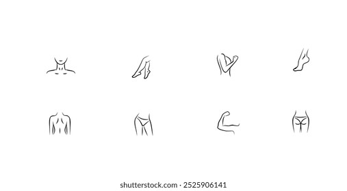 Conjunto de ícones de partes do corpo humano. Contornar ícones e logotipos. Ícones das pernas, braços, rosto, costas, pescoço, pé