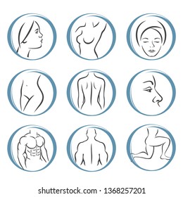 human body parts icons plastic face surgery, medical vector icons. Body sculpting system.