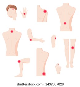 Human body parts with pain zones, vector flat style design illustration. Head, knee, elbow, shoulder, back, spine, hand and phalange pain areas.