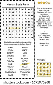 Human Body Parts Themed Zigzag Word Search Puzzle (suitable Both For Kids And Adults). Answer Included.