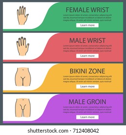 Human body parts web banner templates set. Man and woman's hands, bikini zone, male groin. Website color menu items. Vector headers design concepts