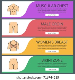 Human body parts web banner templates set. Muscular man's chest, female breast, bikini zone, male groin. Website color menu items. Vector headers design concepts