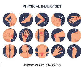 Human body physical injury round flat set with shoulder knee finger burn cut wounds isolated vector illustration 