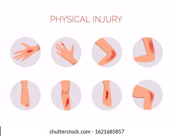 Human body physical injury round flat set. Open cut wounds and elbow bruise.