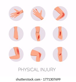 Human Body Physical Injury Round Flat Set. Open Cut Wounds And Elbow Bruise.