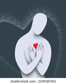 Human body protect heart in his chest vector illustration. Soul, humanity, love yourself concept in minimal simple flat style with texture effect.