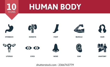 Human body set. Creative icons: stomach, kidneys, foot, muscle, hair, uterus, eyes, nose, ear, anatomy.