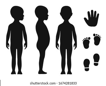 Human body silhouette of a bald bare barefoot toddler. Palm hand, bare feet and shoe trace.
