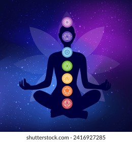 human body silhouette with chakras icons. Meditating woman in lotus position on a space background. Chakras icons illustration