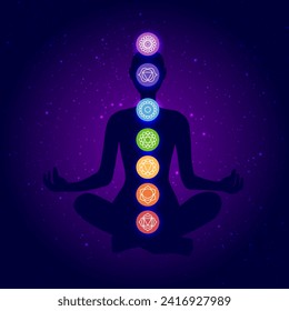 human body silhouette with chakras icons. Meditating woman in lotus position on a space background. Chakras icons illustration