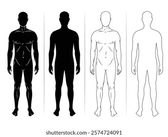 Human body silhouette, man outline figure or patient front view, vector contour. Male anatomy model of body for medical line icon or health and medicine patient full body