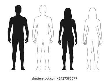 Human body silhouette, man and woman outline figure or patient front view, vector contour. Male and female anatomy model of body for medical line icon or health and medicine patient full body