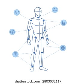 Human body skeleton with digital technology icons, biometric data tracking, motion capture, and artificial intelligence concept