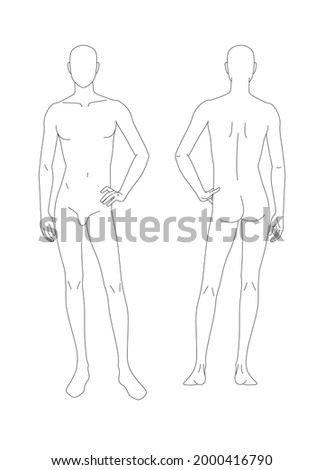 Human body sketch. Front and back views. Hand position on the belt. Human body pattern for drawing clothes. You can print and paint directly from sketches.