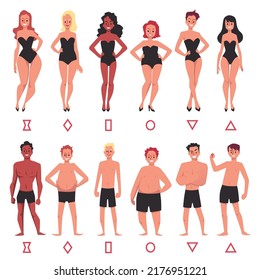Human body types of female and male figures set, flat vector illustration isolated on white background. Body types infographic with characters in underwear.