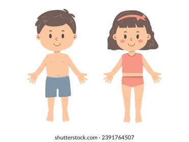 Estilo plano de ilustración del vector del cuerpo humano. Estilo de caricatura de niño y niña. Dibujo de vector de cuerpo humano estilo de caricatura plana. Cabeza, ojo, cuello, hombro, pecho, pierna, pie