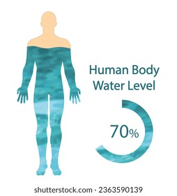 Human body water level illustration. 70% of a man illustration covered by a water draw