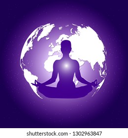 Human body in yoga lotus asana on dark blue space with planet Earth and stars background