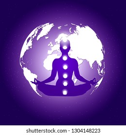 Human body in yoga lotus asana and seven chakras symbols on dark blue space with planet Earth and stars background