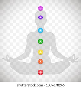 Human body in yoga lotus asana and seven colorful chakras symbols isolated on transparent background. Object for design