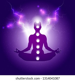 Human body in yoga lotus asana and seven chakras symbols on dark blue purple starry background with light or lightning bolts