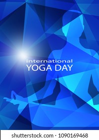 Human body in yoga lotus pose on trendy neon bright blue modern geometric abstract background. Flyer or card in low poly style for international yoga day. Meditation. Harmony. Double exposure