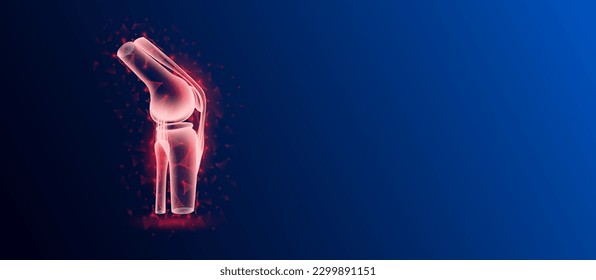 Human bone joint anatomy red translucent low poly triangles on dark blue background. Futuristic glowing organ hologram and copy space for text. Medical and science concept. Banner design vector.