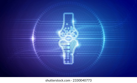 Human Bone and Joint, Articular Skeletal System, Cybernetic Futuristic Robotic Circuit Board Translucent Neon Glow Medical Hologram Backdrop Background Illustration