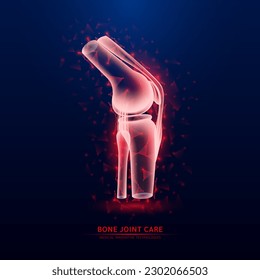 Human bone joint red translucent low poly triangles on dark blue background. Futuristic glowing organ anatomy. Heart health care innovative technology.  Medical and science concept. Vector EPS10.