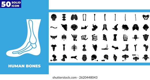 Human Bones icon set broken bone, hand bone, spinal cord, elbow, and More