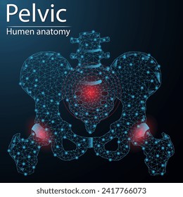 Human bones of the pelvis and hip anatomy organ translucent low poly triangle futuristic glowing. On dark blue background. Skeleton system disease medical innovation concept.