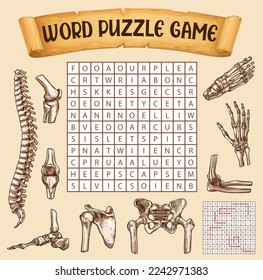 Human bones, word search puzzle game worksheet, vector riddle quiz. Kids word search grid to find words of human body anatomy bones of wrist, knee or root and pelvic, pacsula and cubit or spine