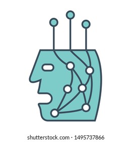 Human bot head icon with neural network inside. Applicable as part of artificial intelligence, machine learning design concept. Vector illustration.