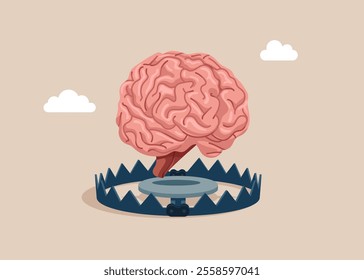 Human brain above metal steel bear trap. Anxiety, limiting thoughts. Burnout or no inspiration. Flat vector illustration. 